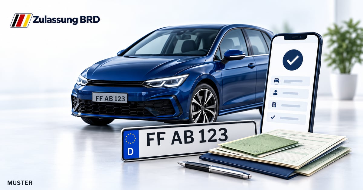 Online Fahrzeugzulassung in Frankfurt (Oder): Musterkennzeichen FF AB 123, Auto und Fahrzeugpapiere und Smartphone. Illustration mit Logo von Zulassung BRD.
